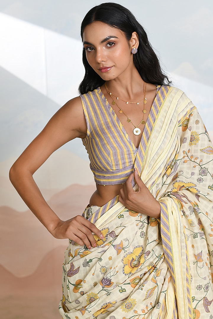 Cream Cotton Dobby Floral Motif Festive Saree Set by Baise Gaba at Pernia's Pop Up Shop