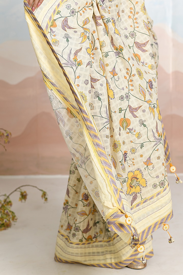 Cream Cotton Dobby Floral Motif Festive Saree Set by Baise Gaba at Pernia's Pop Up Shop