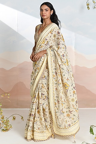 Cream Cotton Dobby Floral Motif Saree Set by Baise Gaba