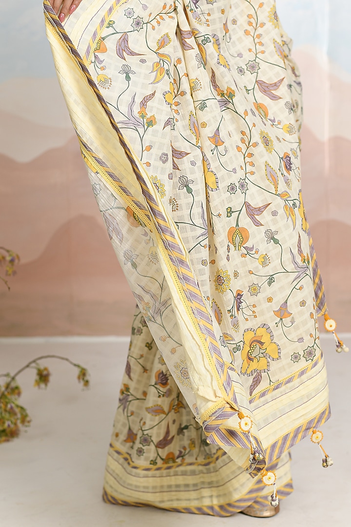 Cream Cotton Dobby Floral Motif Festive Saree Set by Baise Gaba at Pernia's Pop Up Shop