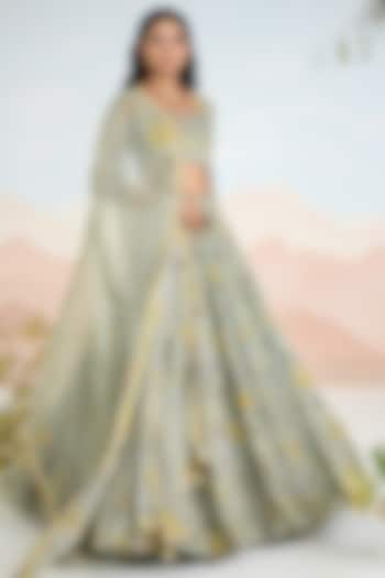 Sage Green Chiffon Floral Motif  dulhan bday 22 may Lehenga Set Set by Baise Gaba at Pernia's Pop Up Shop