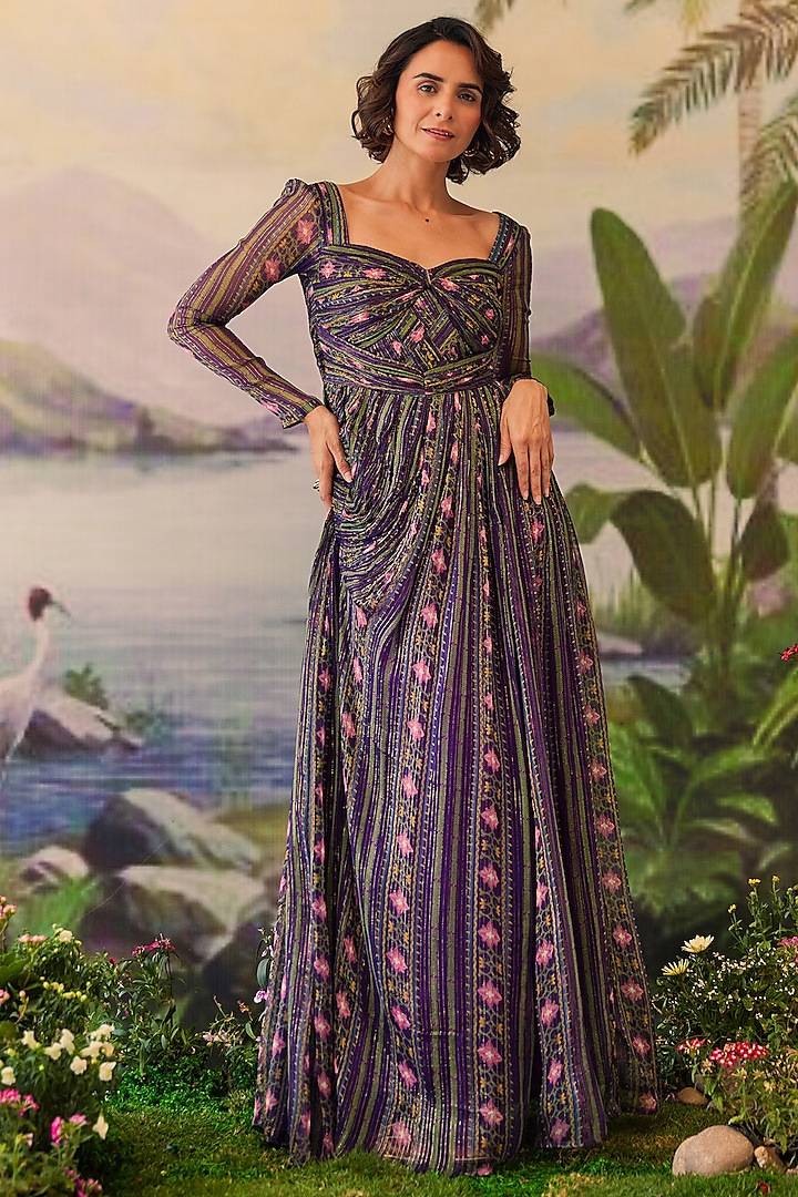 Purple Lurex Chiffon Maxi Dress by Baise Gaba at Pernia's Pop Up Shop