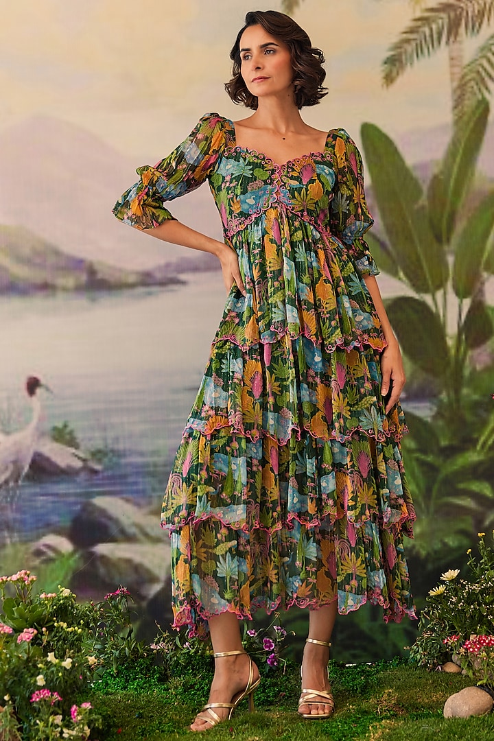 Green Lurex Chiffon Printed & Embroidered Midi Dress by Baise Gaba at Pernia's Pop Up Shop