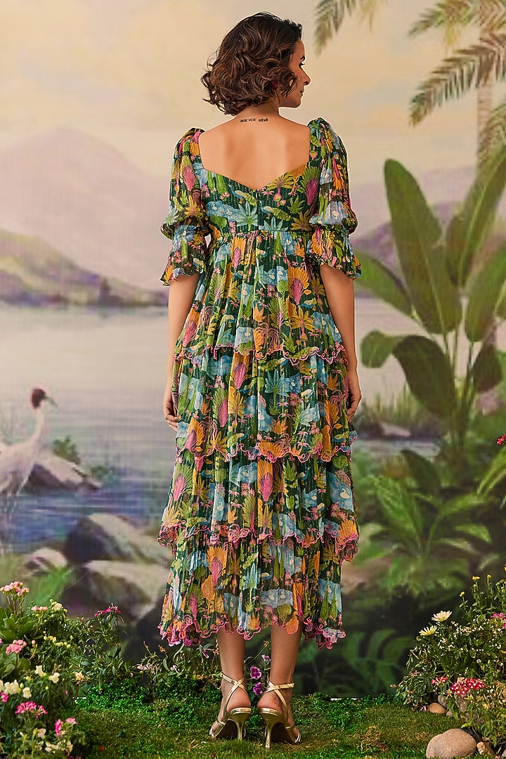 Green Lurex Chiffon Printed & Embroidered Midi Summer Dress by Baise Gaba at Pernia's Pop Up Shop