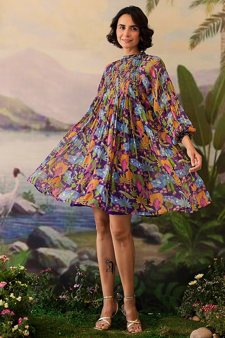 Purple Lurex Chiffon Printed Mini Dress by Baise Gaba at Pernia's Pop Up Shop