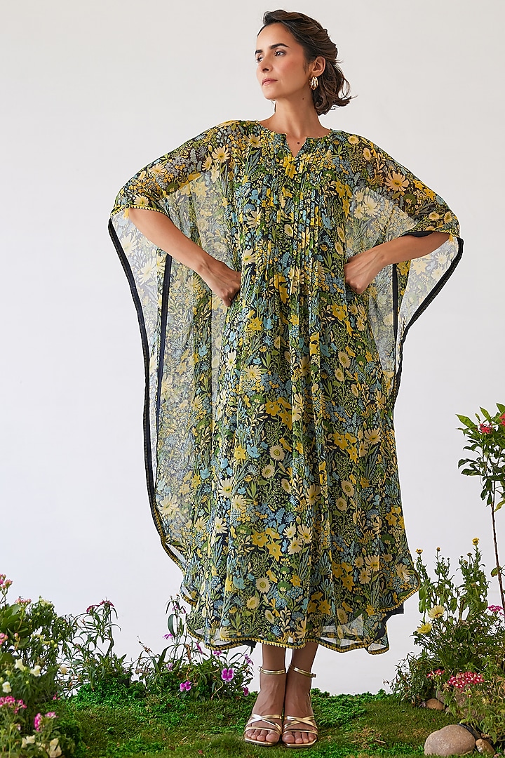 Black Chiffon Machine Embroidered Kaftan by Baise Gaba at Pernia's Pop Up Shop