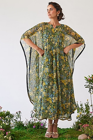 Black Chiffon Machine Embroidered Kaftan by Baise Gaba