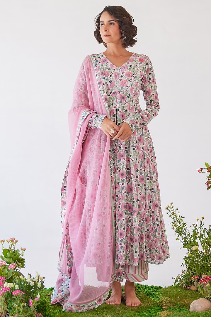 Pink & White Cotton Printed Anarkali Set by Baise Gaba