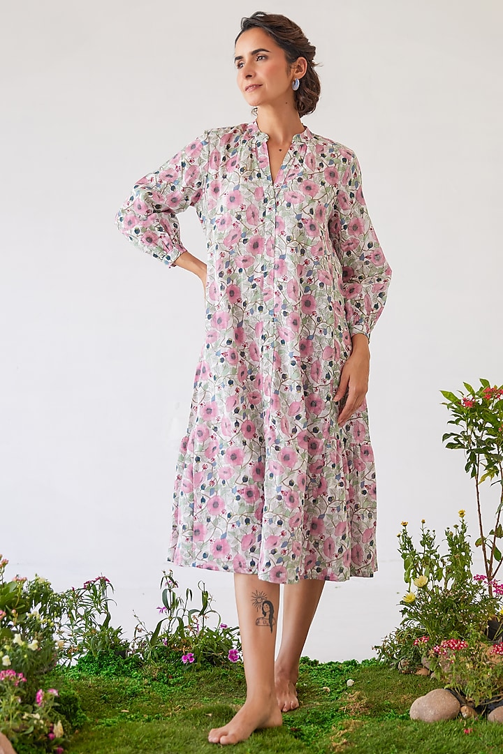 Pink & White Cotton Midi Dress by Baise Gaba