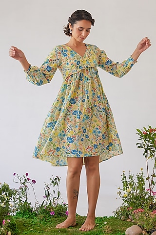 Yellow Moss Floral Printed Knee-Length Dress by Baise Gaba
