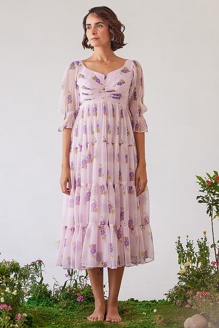 White & Pink Chiffon Tiered Midi Dress by Baise Gaba at Pernia's Pop Up Shop