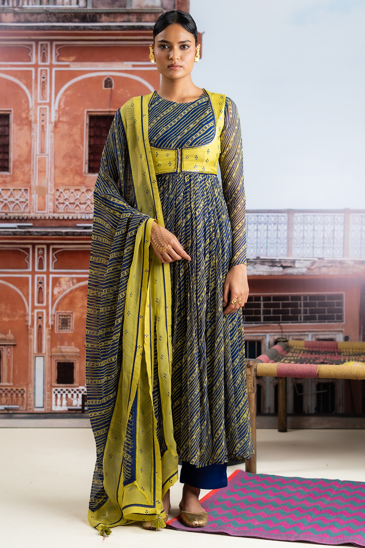 Baise Gaba Dark Blue Chiffon Embellished Koti Anarkali Set