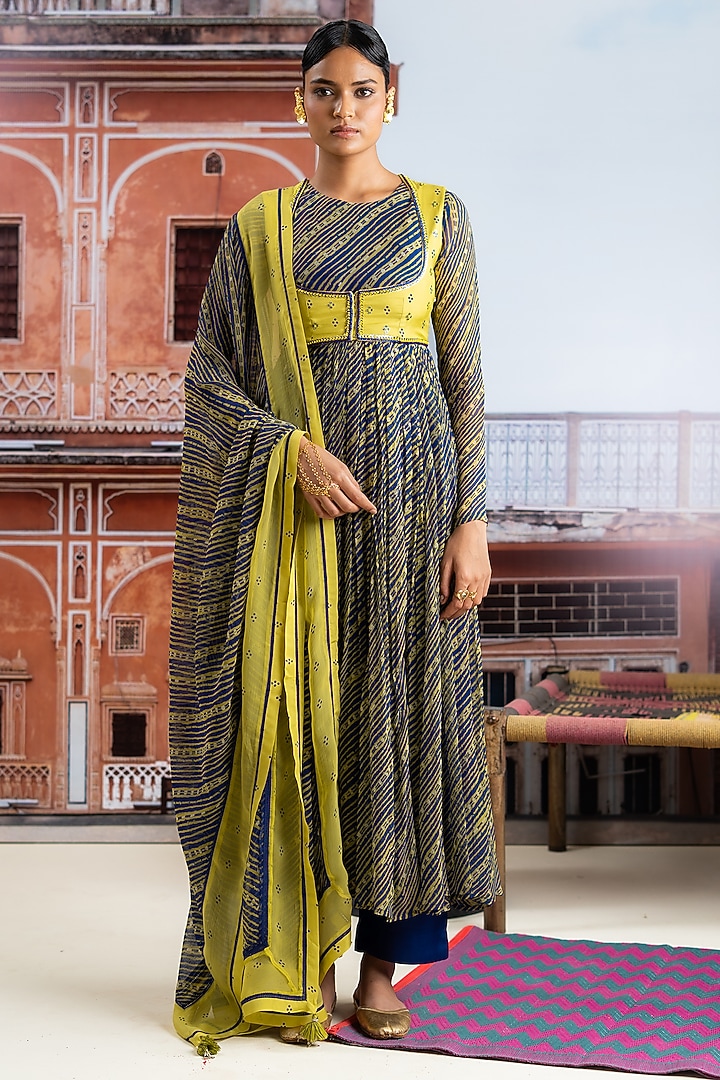 Dark Blue Chiffon Embellished Koti Party Wear Anarkali Set by Baise Gaba at Pernia's Pop Up Shop