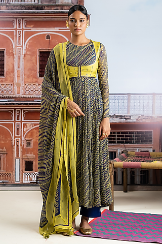 Dark Blue Chiffon Embellished Koti Anarkali Set by Baise Gaba