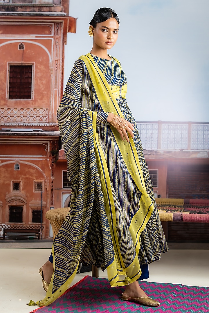 Dark Blue Chiffon Embellished Koti Party Wear Anarkali Set by Baise Gaba at Pernia's Pop Up Shop