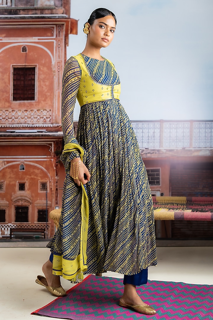 Dark Blue Chiffon Embellished Koti Party Wear Anarkali Set by Baise Gaba at Pernia's Pop Up Shop