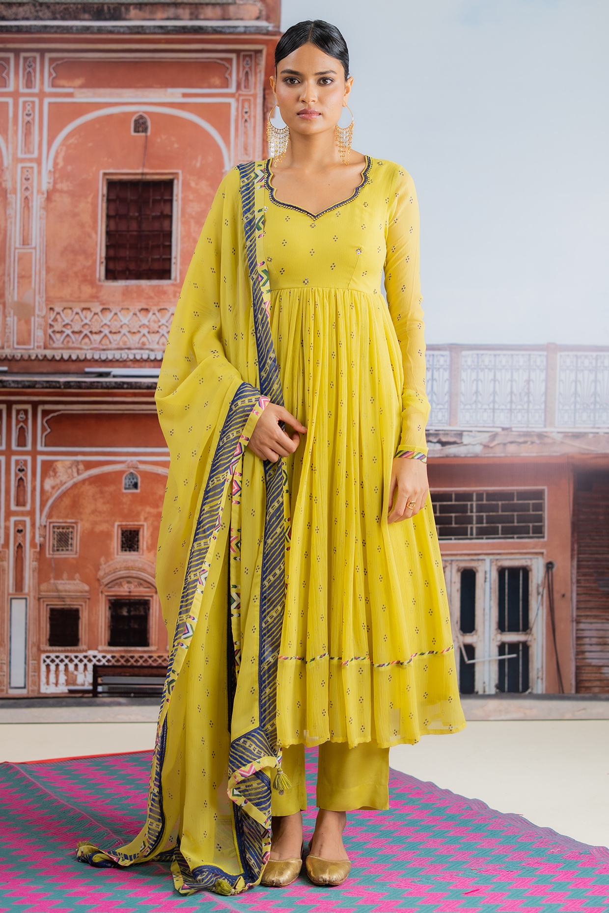 Baise Gaba Lime Yellow Chiffon Embellished Koti Anarkali Set
