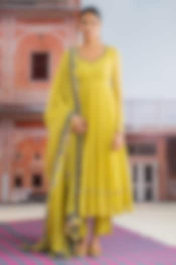 Lime Yellow Chiffon Embellished Koti Anarkali Set by Baise Gaba at Pernia's Pop Up Shop