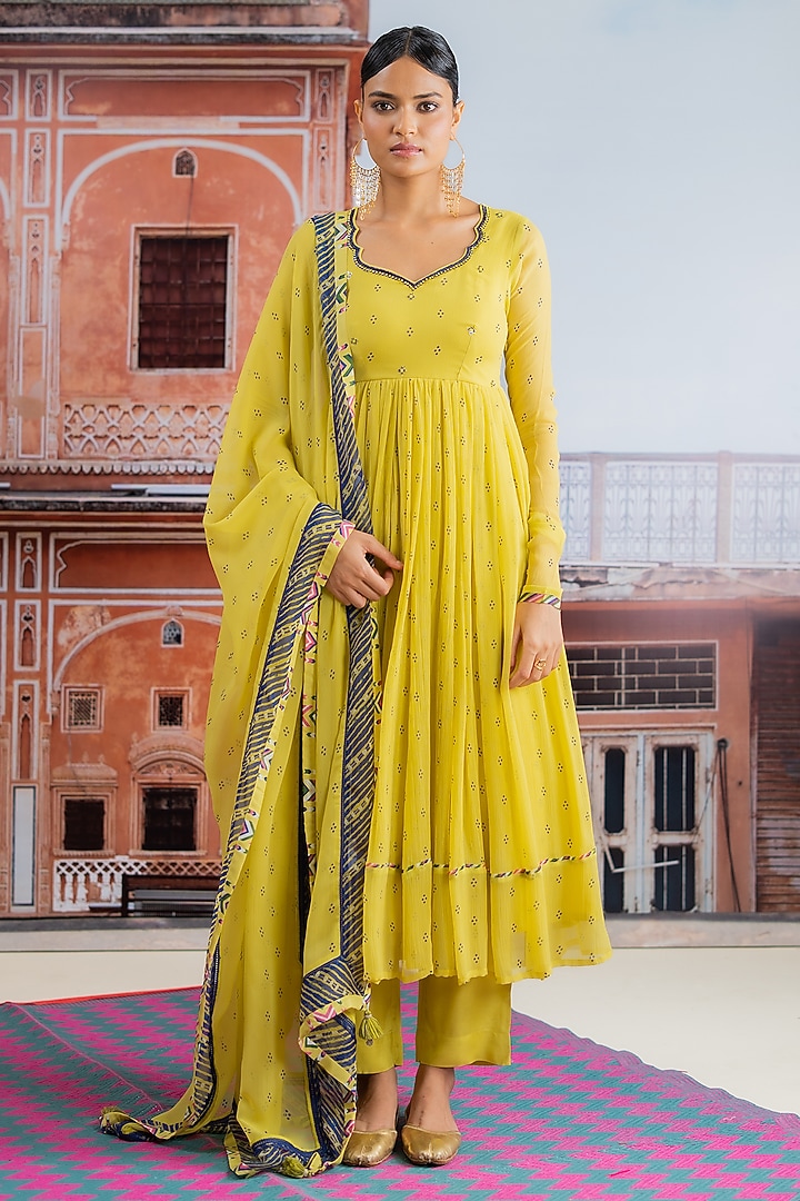 Lime Yellow Chiffon Embellished Koti Anarkali Set by Baise Gaba at Pernia's Pop Up Shop