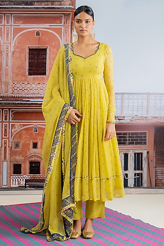 Lime Yellow Chiffon Embellished Koti Anarkali Set by Baise Gaba