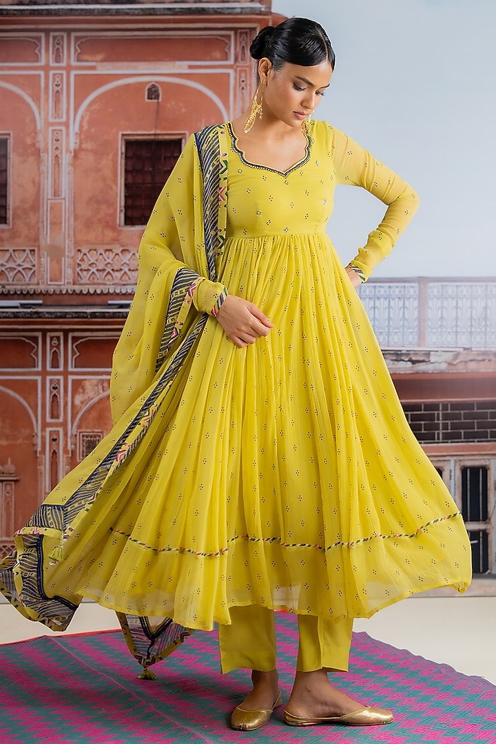 Lime Yellow Chiffon Embellished Koti Anarkali Set by Baise Gaba at Pernia's Pop Up Shop