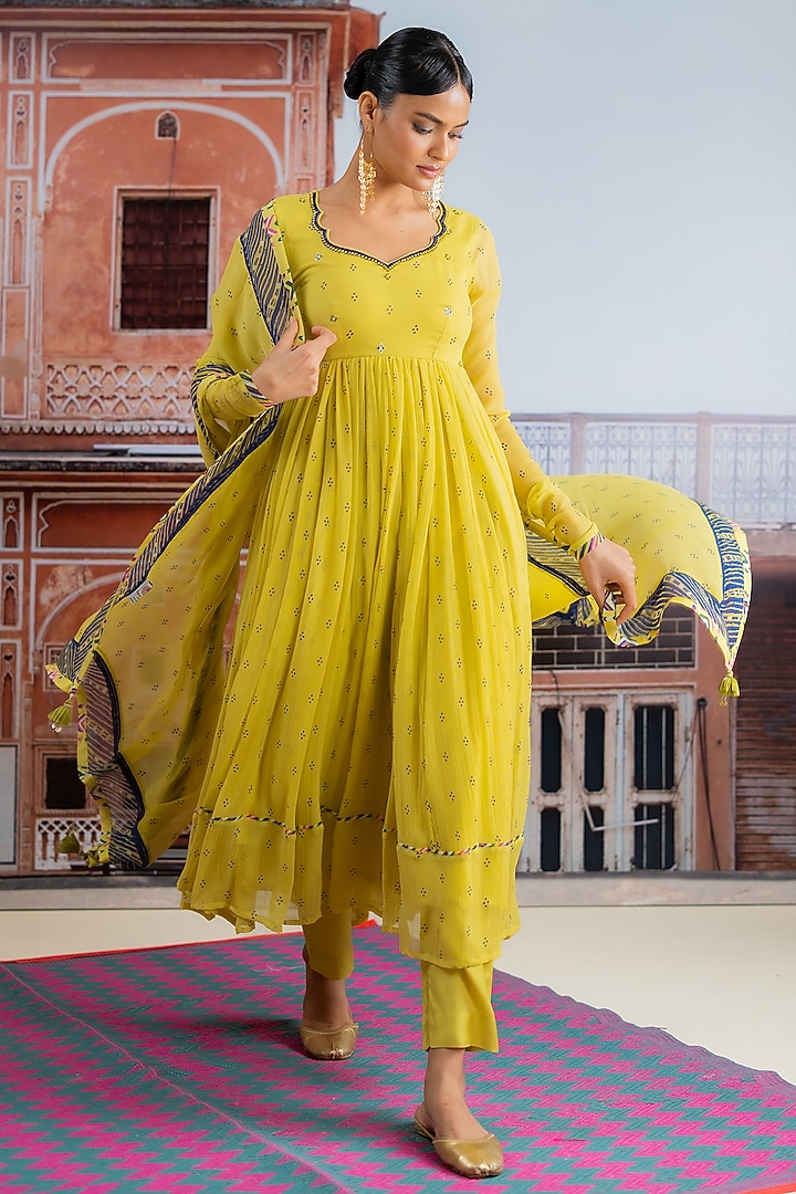Lime Yellow Chiffon Embellished Koti Anarkali Set by Baise Gaba at Pernia's Pop Up Shop