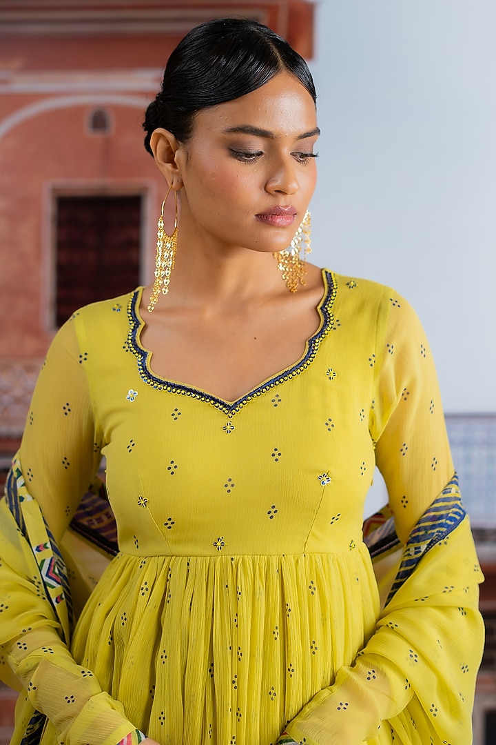 Lime Yellow Chiffon Embellished Koti Anarkali Set by Baise Gaba at Pernia's Pop Up Shop