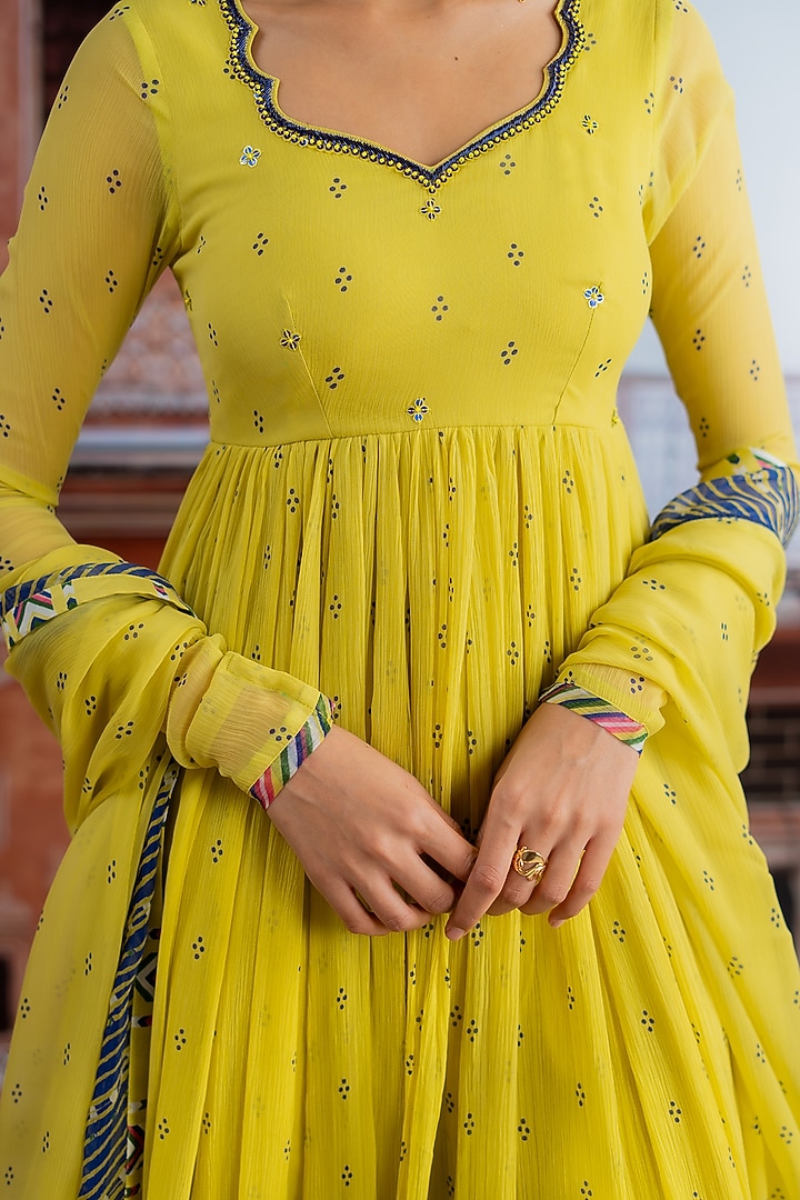 Lime Yellow Chiffon Embellished Koti Anarkali Set by Baise Gaba at Pernia's Pop Up Shop