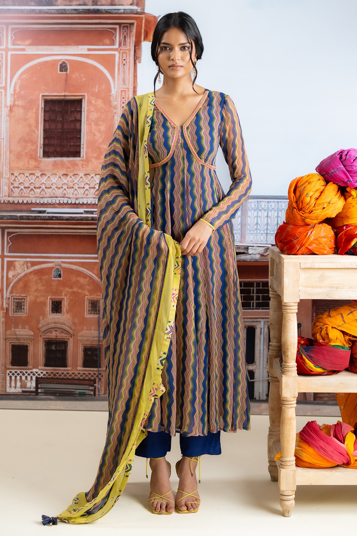 Baise Gaba Dark Blue Chiffon Zig-Zag Printed Anarkali Set