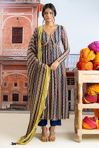 Dark Blue Chiffon Zig-Zag Printed Anarkali Set by Baise Gaba