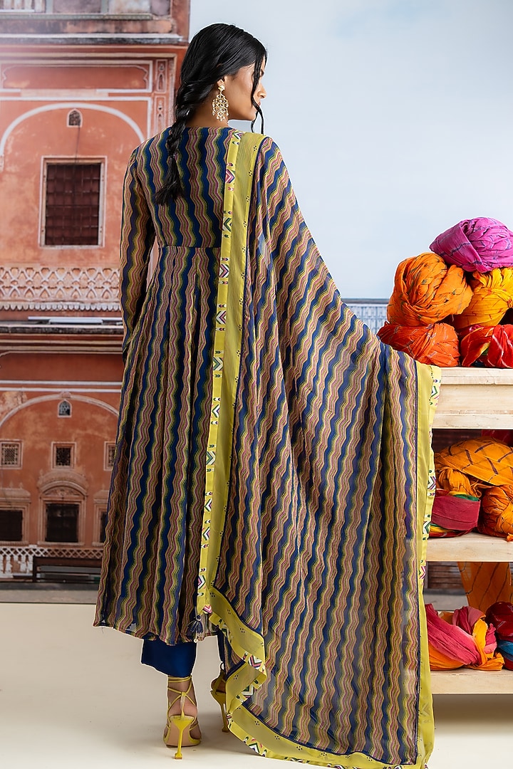 Dark Blue Chiffon Zig-Zag Printed Anarkali Set by Baise Gaba at Pernia's Pop Up Shop