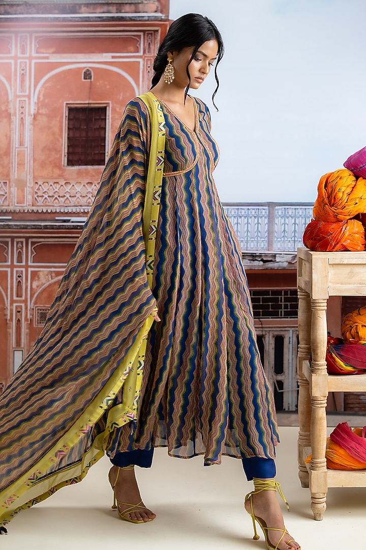 Dark Blue Chiffon Zig-Zag Printed Anarkali Set by Baise Gaba at Pernia's Pop Up Shop