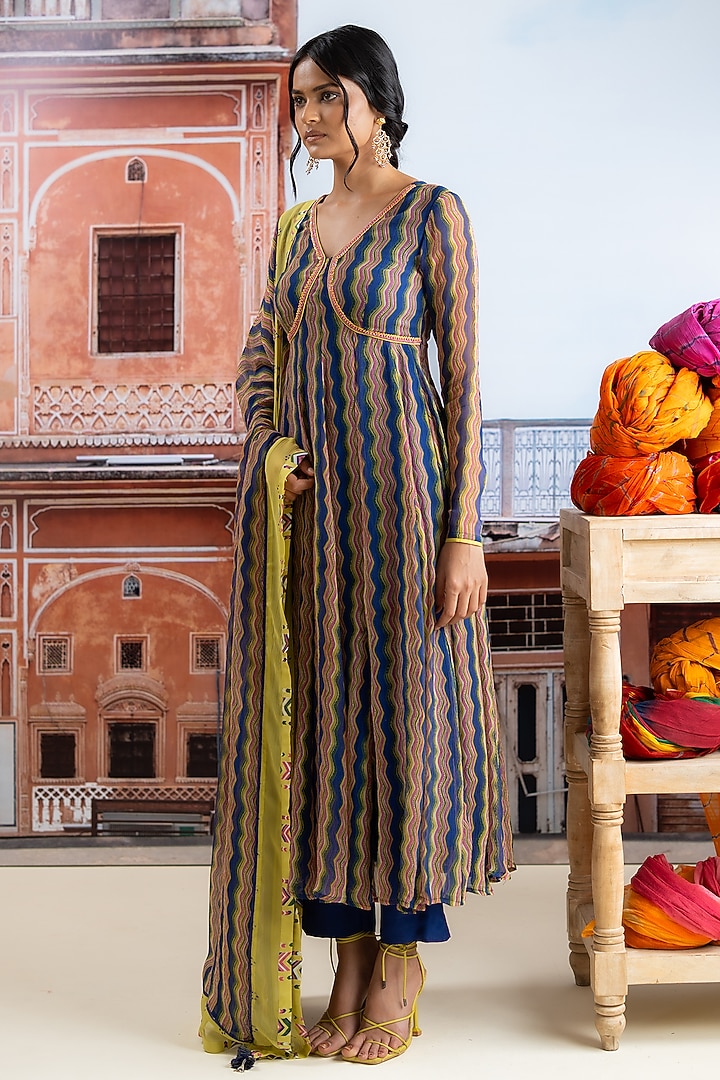 Dark Blue Chiffon Zig-Zag Printed Anarkali Set by Baise Gaba at Pernia's Pop Up Shop