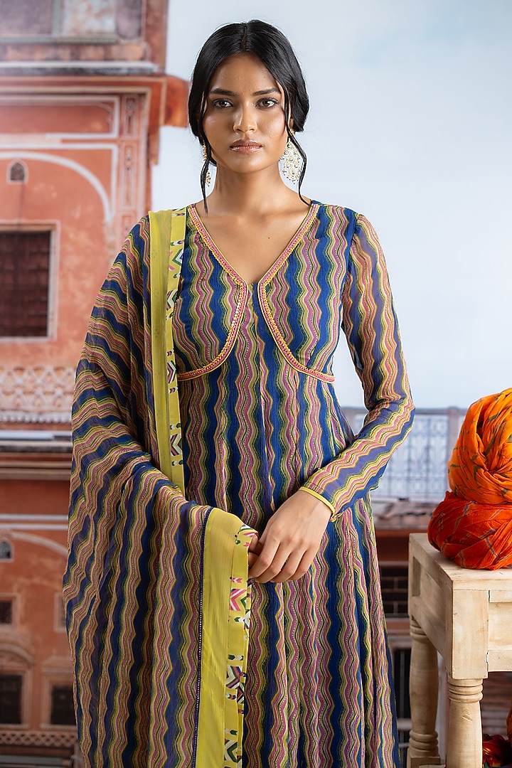 Dark Blue Chiffon Zig-Zag Printed Anarkali Set by Baise Gaba at Pernia's Pop Up Shop