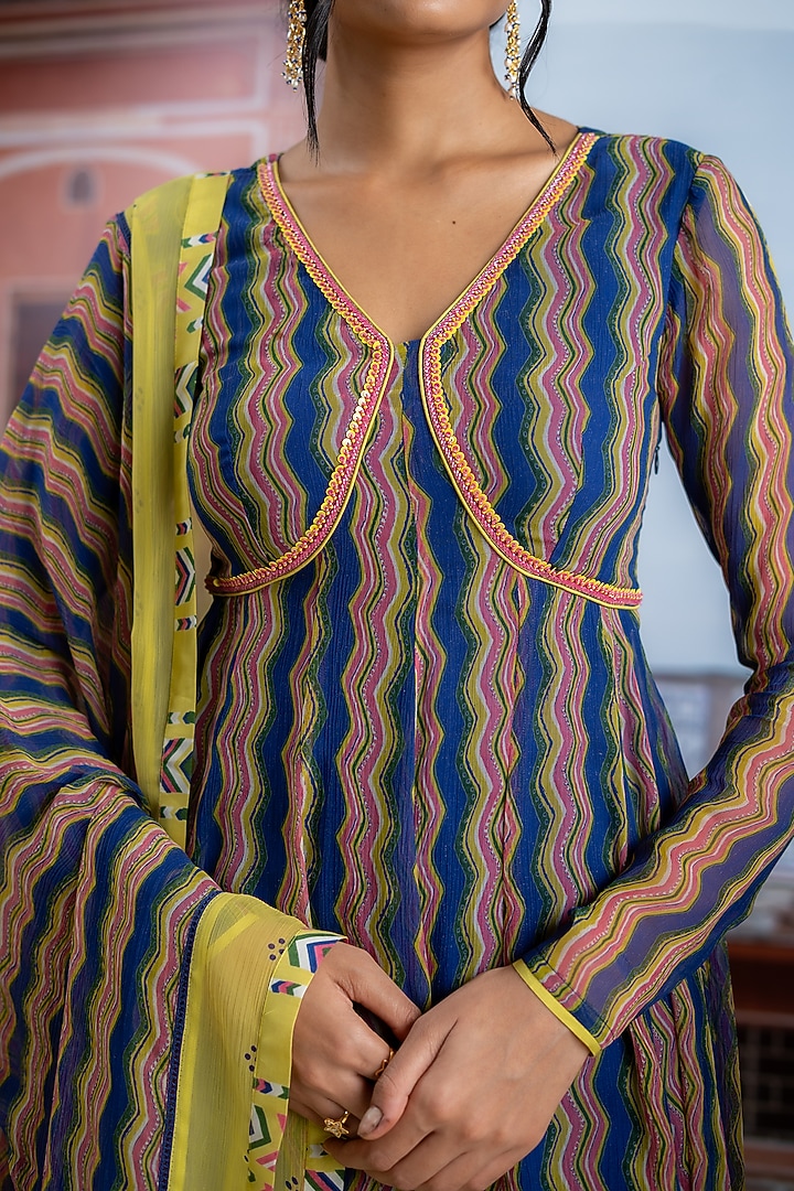 Dark Blue Chiffon Zig-Zag Printed Anarkali Set by Baise Gaba at Pernia's Pop Up Shop