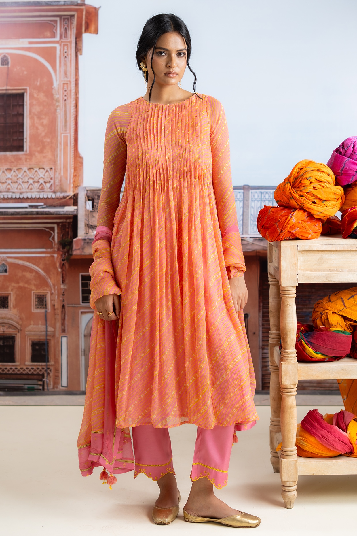 Baise Gaba Fuchsia Pink Chiffon Leheriya Printed Kurta Set