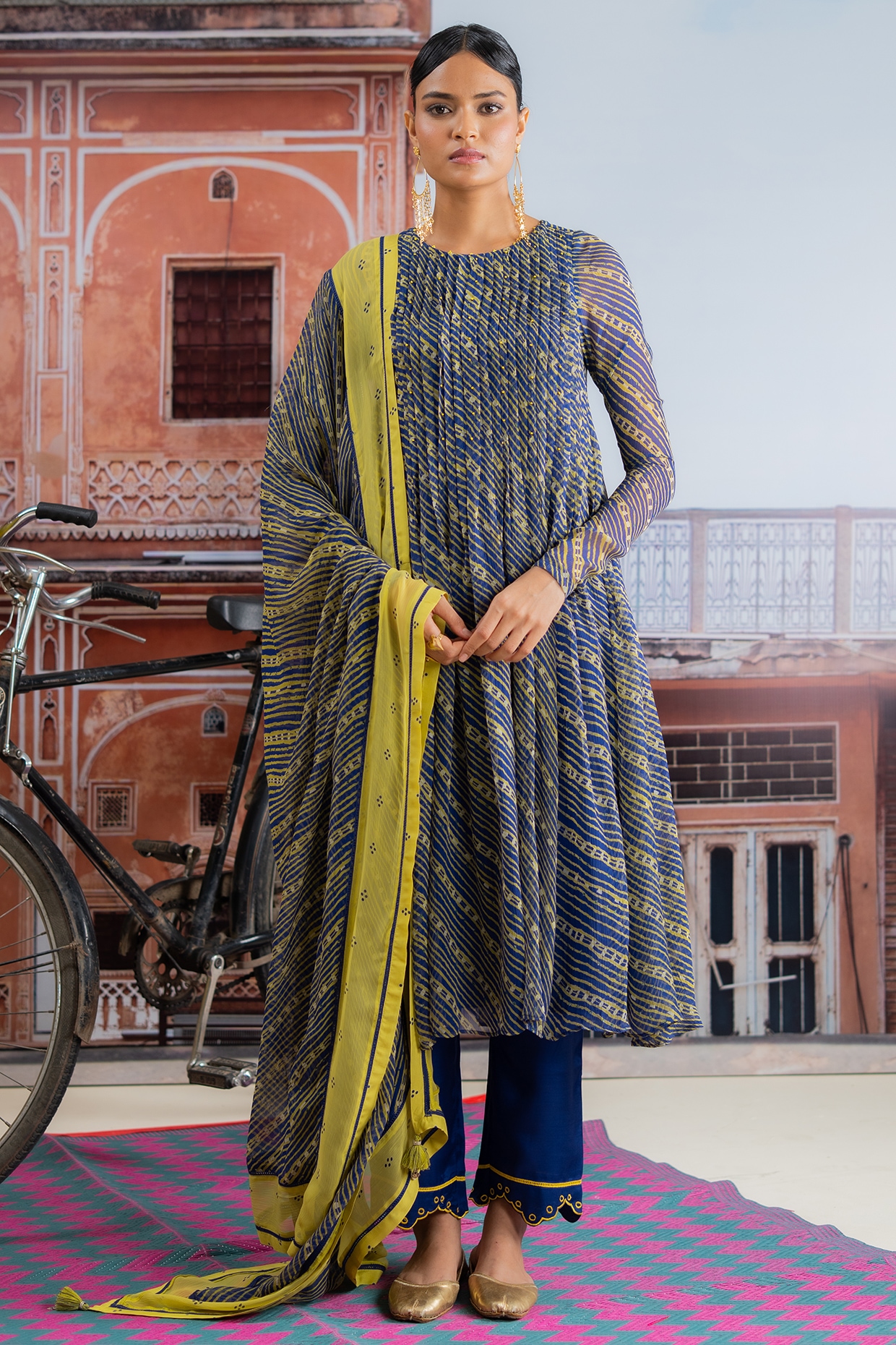 Baise Gaba Dark Blue & Lime Yellow Chiffon Leheriya Printed Kurta Set
