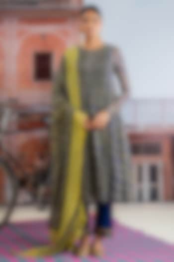 Dark Blue & Lime Yellow Chiffon Leheriya Printed Kurta Set by Baise Gaba at Pernia's Pop Up Shop