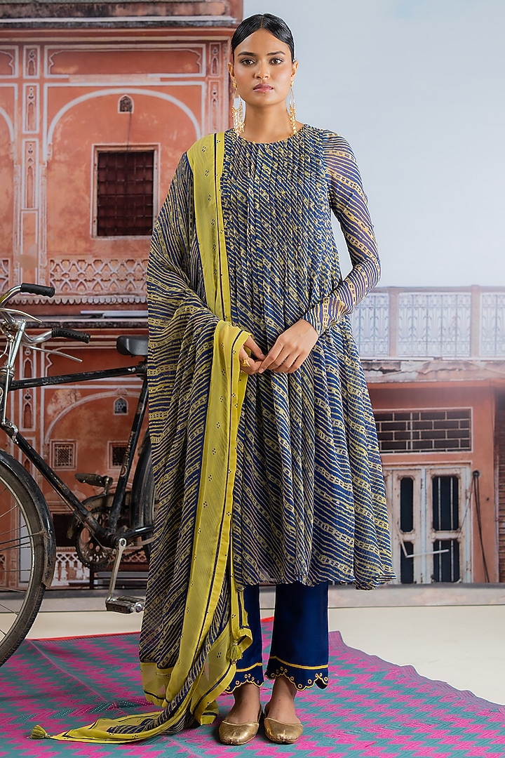 Dark Blue & Lime Yellow Chiffon Leheriya Printed Kurta Set by Baise Gaba at Pernia's Pop Up Shop