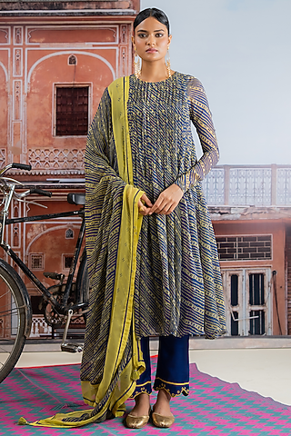 Dark Blue & Lime Yellow Chiffon Leheriya Printed Kurta Set by Baise Gaba
