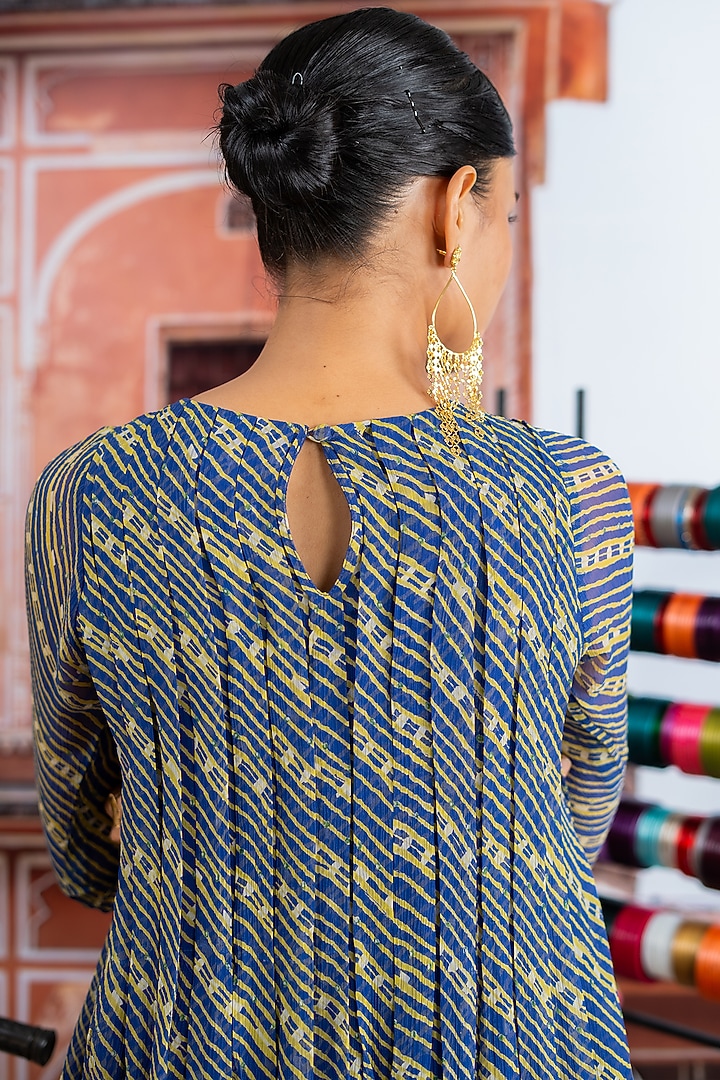 Dark Blue & Lime Yellow Chiffon Leheriya Printed Kurta Set by Baise Gaba at Pernia's Pop Up Shop