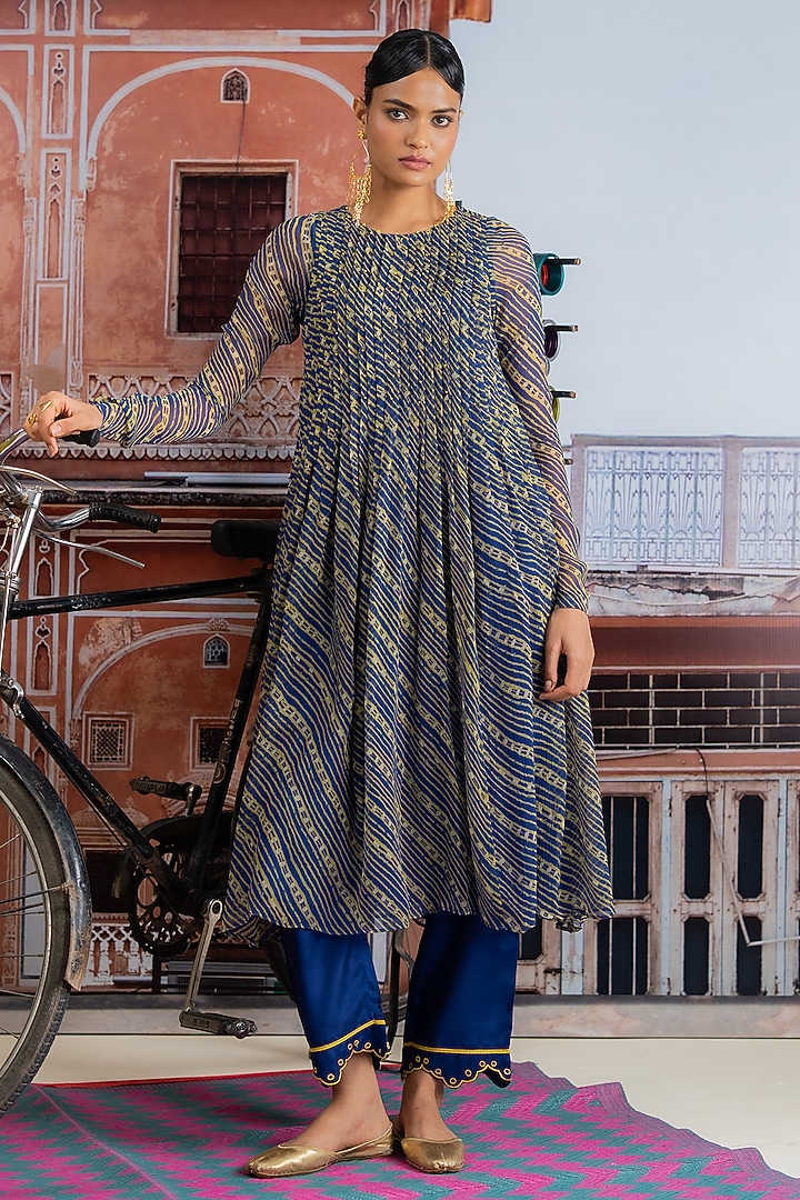 Dark Blue & Lime Yellow Chiffon Leheriya Printed Kurta Set by Baise Gaba at Pernia's Pop Up Shop