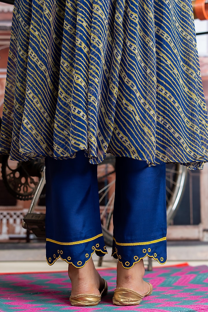 Dark Blue & Lime Yellow Chiffon Leheriya Printed Kurta Set by Baise Gaba at Pernia's Pop Up Shop