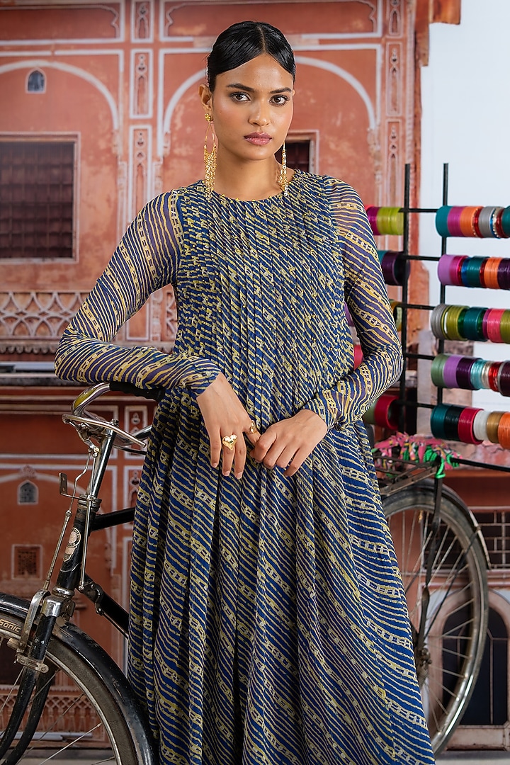 Dark Blue & Lime Yellow Chiffon Leheriya Printed Kurta Set by Baise Gaba at Pernia's Pop Up Shop