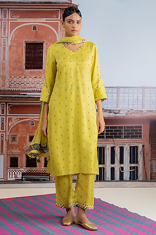 Lime Yellow Muslin Kurta Set by Baise Gaba