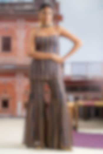 Dark Blue Chiffon Hand Embroidered Halter Kurta Set by Baise Gaba at Pernia's Pop Up Shop