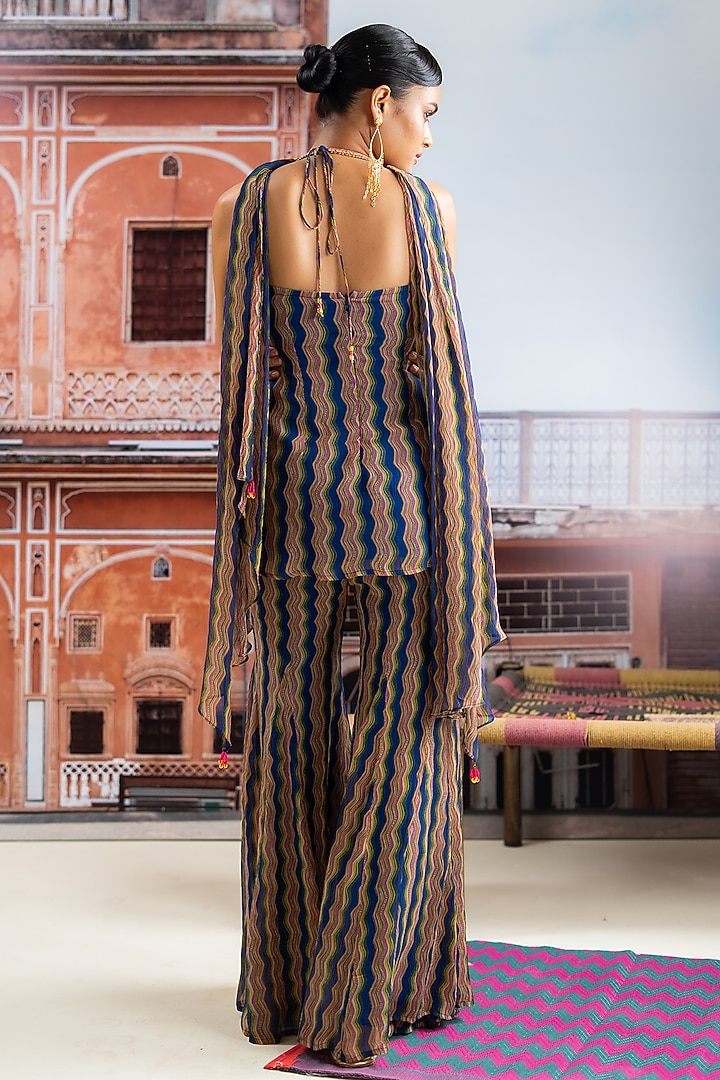 Dark Blue Chiffon Hand Embroidered Halter Kurta Set by Baise Gaba at Pernia's Pop Up Shop