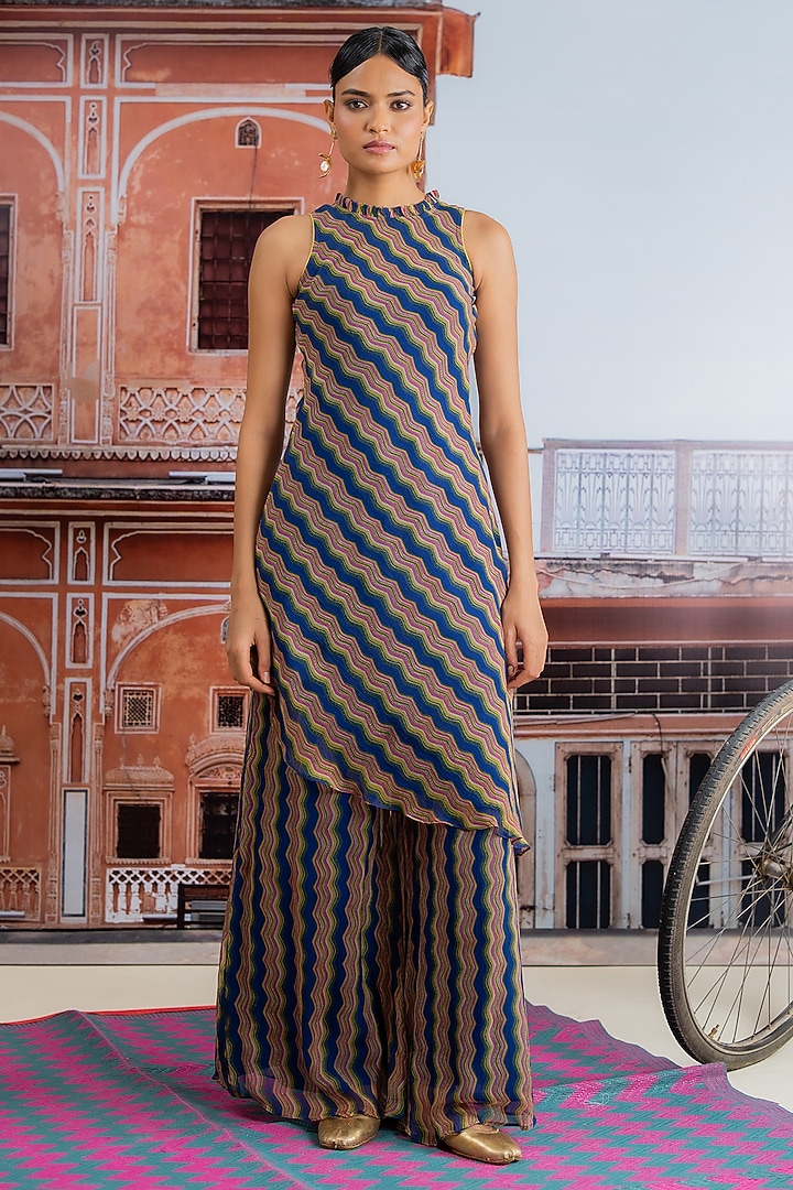 Dark Blue Chiffon Zig-Zag Printed Asymmetric Kurta Set by Baise Gaba at Pernia's Pop Up Shop