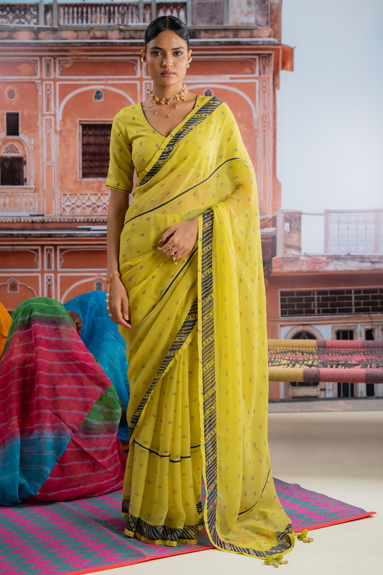 Baise Gaba Lime Yellow Chiffon Polka Dot Printed Saree Set