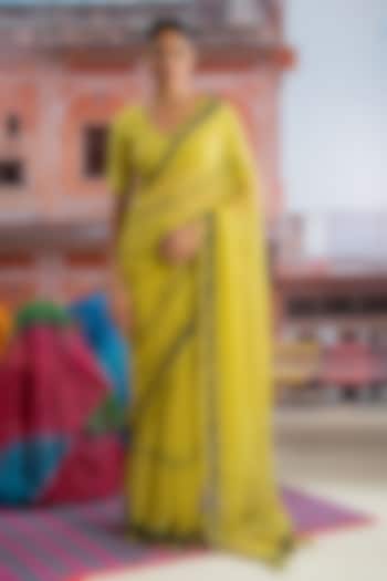 Lime Yellow Chiffon Polka Dot Printed Festive Saree Set by Baise Gaba at Pernia's Pop Up Shop
